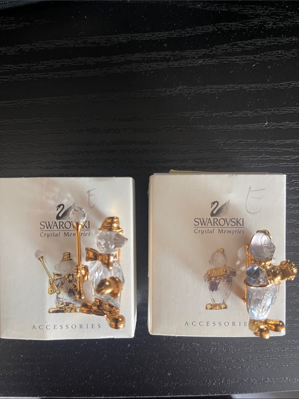 Swarovski Gold and Clear Crystal Clown Brooches - Pair